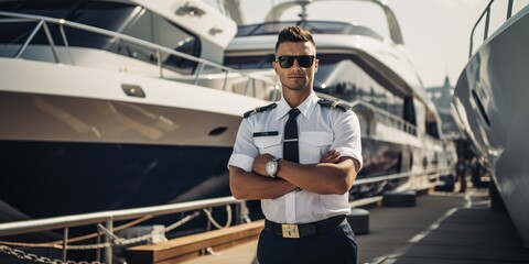 confident captain standing in front of a luxury yacht. The captain exudes a sense of professionalism and expertise, with the impressive yacht in the background. Generative AI