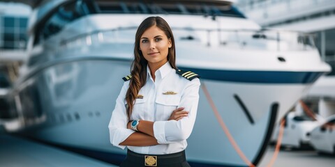 woman captain standing proudly in front of a luxurious yacht, challenging gender norms and highlighting the growing presence of women in traditionally male-dominated industries. Generative AI - obrazy, fototapety, plakaty