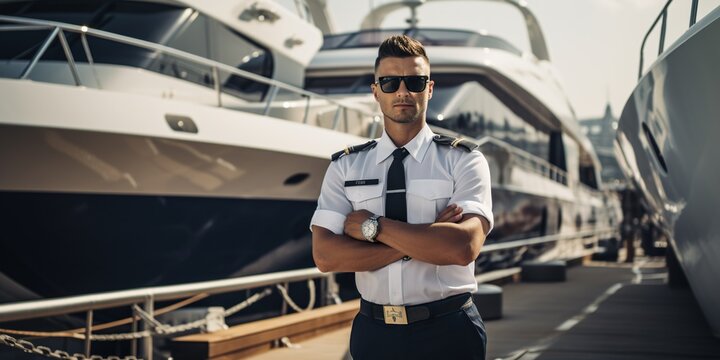 confident captain standing in front of a luxury yacht. The captain exudes a sense of professionalism and expertise, with the impressive yacht in the background. Generative AI