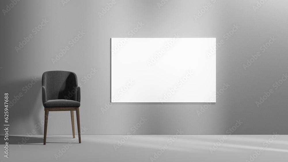 Poster gray studio wall and conrete empty gray floor and chair with white empty blank poster mock up hangin