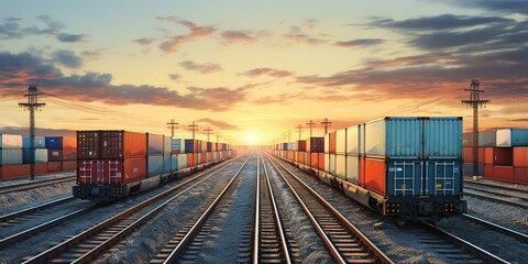 railway track with a string of container trains, highlighting the importance of rail transport in the movement of goods and commerce across vast distances. Generative AI