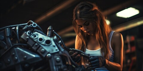 Naklejka na ściany i meble In the garage, a sensual female auto mechanic is captured in a portrait, wearing a slight smile that reflects her candid nature. With greased hands and a determined spirit. Generative AI
