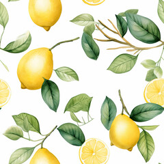 A painting pattern of lemons and leaves on a white background created with Generative AI technology