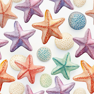 A watercolor pattern of starfish on a white background created with Generative AI technology