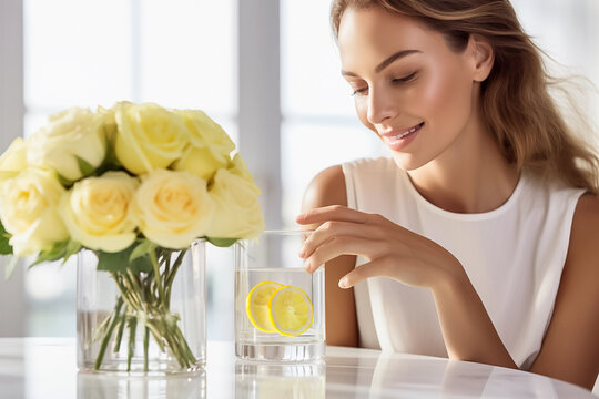 Beautiful young woman with glass of water and lemon. Hydration, health-conscious, closeup bright photography. Generative AI