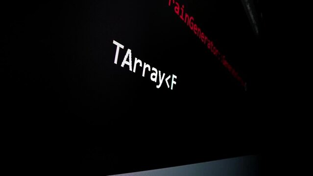 Closeup macro shot movement of coding script moving across LED screen with real-time AI-generated typing, showcasing advanced AI learning in optimization, debug and coding for software development.
