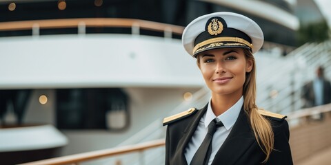 woman captain standing proudly in front of a luxurious yacht, challenging gender norms and highlighting the growing presence of women in traditionally male-dominated industries. Generative AI