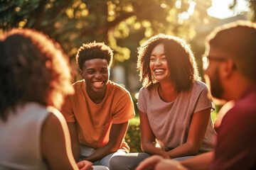 Group of young people sitting on the grass and talking. They are laughing and looking at each other, psychological safety. Generative AI