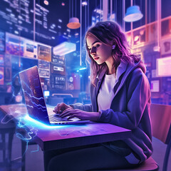 Young woman using a laptop sitting at the table, futuristic illustration, collage with glowing purple background. Generative AI