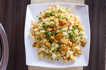 Fried rice with garlic topping. Thailand food style. Top view of fried rice in dish.