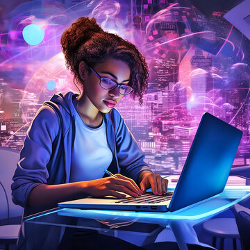 African-american young woman working in netwotk on laptop, futuristic illustration, collage with glowing purple background. Generative AI