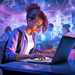Beautiful african-american woman wearing glasses using laptop, futuristic illustration, collage with glowing purple background. Generative AI