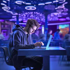 Young man working on laptop, futuristic illustration, collage with glowing purple background. Generative AI