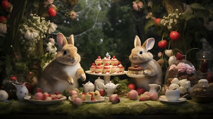 two rabbits sitting at a table