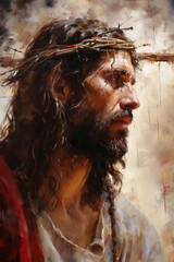 Close up portrait of a man depicting Jesus with the crown of thorn, Passion of Jesus