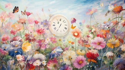 a clock on a flower bed - obrazy, fototapety, plakaty