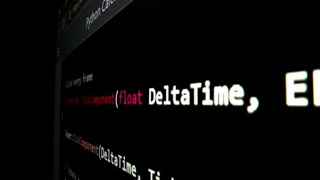Closeup macro shot movement of coding script moving across LED screen with real-time AI-generated typing, showcasing advanced AI learning in optimization, debug and coding for software development.