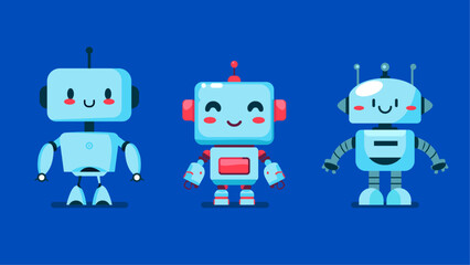 cute robot in different shapes, character designs set, cartoon friendly mascots, collection of mechanical toys, flat character vector illustration