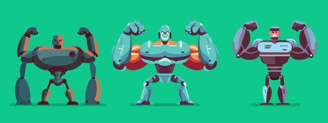 Three powerful fighter robots, muscular robots showing their metallic muscles, Angry cyber man ready for battle isolated on green background, 
flat character vector illustration 