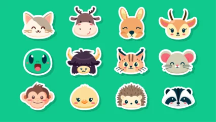 Stickers meubles Ensemble d animaux mignons Set of stickers of cute wild animals faces, cat, deer, kangaroo, gazelle, turtle, Buffalo, lynx, mouse, hamster, monkey, ostrich, Hedgehog, raccoon,  flat vector illustration  