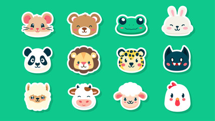 Set of stickers of cute wild animals faces, mouse, hamster, frog, rabbit, panda, Lion, Cheetah, bat, Llama, cow, sheep, chicken, leopard, flat vector illustration 


