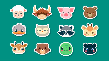 Set of stickers of cute wild animals faces, ostrich, grizzled bear, pig, Buffalo, sheep, owl, raccoon, gazelle, giraffe, Black Panther, turtle, beaver, flat vector illustration 
