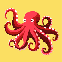 Red octopus on the beach, Aquatic animal mascot logo, squid swimming with different shapes, character designs set, flat character vector illustration