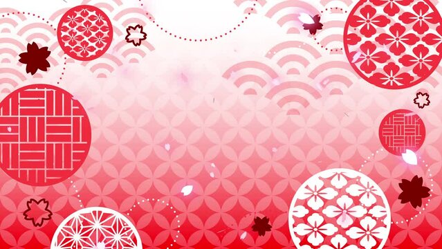 和風な背景（赤）　和柄の装飾に桜吹雪が舞うアニメーション