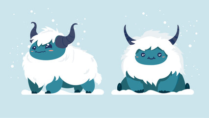 Cute yeti animal with tiny body, monster character design set, lovely ice beast with furry body sitting in blizzard, different shapes, flat character vector illustration - obrazy, fototapety, plakaty