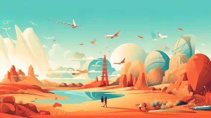 Zelfklevend Fotobehang World tourism day background to generate 3D landscape illustrations such as planes, ships, cities, travel boxes,AI generated. © 娜 赵