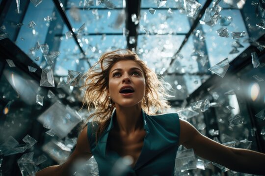 Woman Breaking Through a Glass Ceiling - Gender Equality and Progress - AI Generated