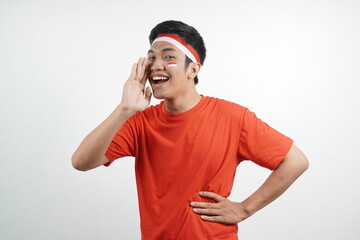 Fototapeta premium Asian man celebrating independence day Making Announcement