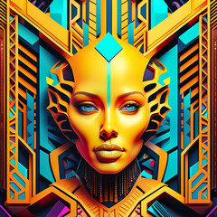Beautiful abstract female face as part of a bright futuristic geometric pattern. Fantasy illustration in 80s style. Beautiful retro future wallpaper.