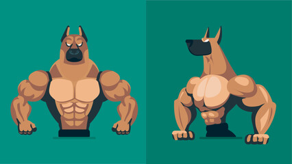 Strong german shepherd dog animal showing his muscles, mascot logo, different shapes, character designs set, angry huge dog with athletic body, flat character vector illustration