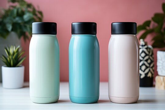 beautiful Mockup of three tumbler bottles with different colour variations on the table. minimalist background.