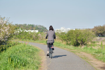 自転車に乗って通勤する女性の後ろ姿