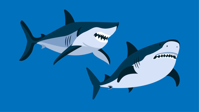 Two strong sharks swimming under water, fish mascot logo, different shapes, character designs set, angry huge shark with scary jaw, flat character vector illustration