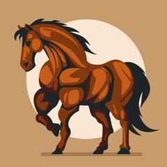 Strong horse animal showing his muscles, mascot logo, different shapes, angry huge brown horse with athletic body, flat character vector illustration