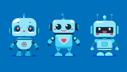 cute robot in different shapes, character designs set, cartoon friendly mascots, collection of mechanical toys, flat character vector illustration