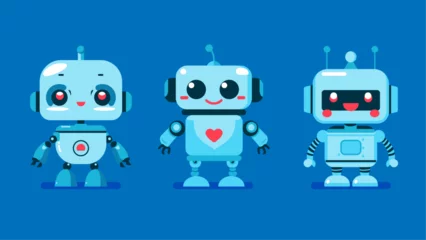 Fotobehang cute robot in different shapes, character designs set, cartoon friendly mascots, collection of mechanical toys, flat character vector illustration © Flat