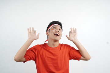 Naklejka premium Man pointing at something - Indonesia independence day