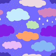 Seamless pattern of clouds with snow and rain. Cute vector illustration for wallpaper, wrapping paper, textile design for children. Rainy weather. Multicolored hand-drawn clouds on a violet background