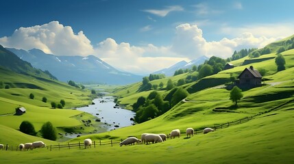 a group of sheep grazing on a grassy hill next to a lake - obrazy, fototapety, plakaty