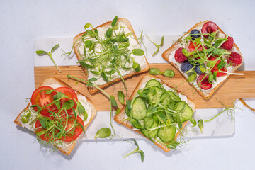 Vegetable and fruit microgreen sandwiches. Homemade toasts sandwiches with tomato, cucumber, berry...