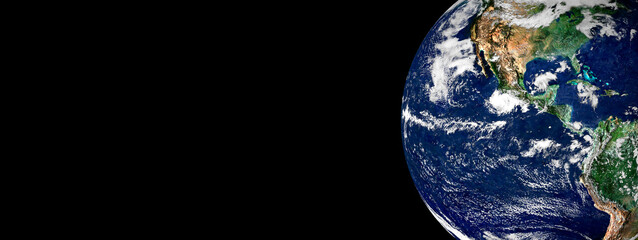 Planet earth globe from space isolated on black background banner or header with copy space.