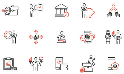 Vector Set of Linear Icons Related to Business investment, Trade Service, Investment Strategy and Finance Management. Mono Line Pictograms and Infographics Design Elements - part 1