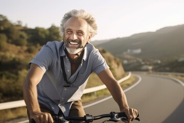 Fototapeta na wymiar Portrait of happy senior man riding bicycle on the road, side view