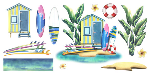 A beach cabin with surfboards, a lifebuoy and a palm tree on a sandy island with an azure sea, ocean. Watercolor illustration hand drawn. Set of isolated elements on a white background