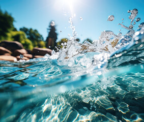 Fototapeta premium A wave of water with flying drops on a sunny day, close-up. Generative AI 