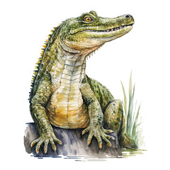 Obraz premium Adorable Crocodile sitting watercolor drawing, Generative AI